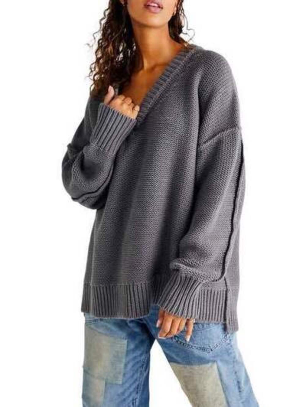 NEW Free People Alli Oversized Chunky Knit V-Neck Sweater in Grey